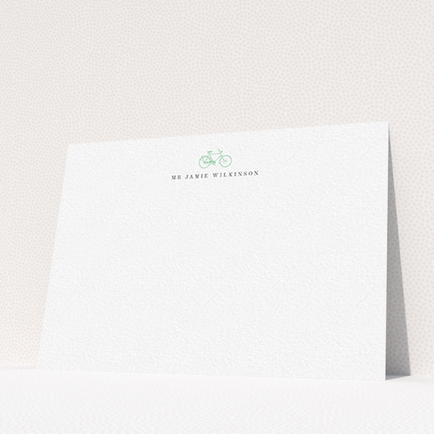 A men personalised note card design named "Oxford bike". It is an A6 card in a landscape orientation. "Oxford bike" is available as a flat card, with tones of white and green.