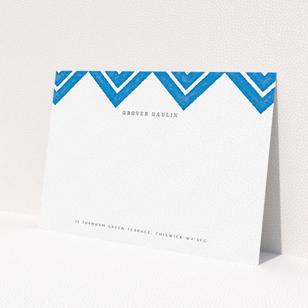A men personalised note card design titled 'Skiapthos'. It is an A6 card in a landscape orientation. 'Skiapthos' is available as a flat card, with tones of blue and white.