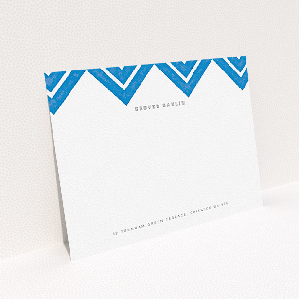 A men personalised note card design titled "Skiapthos". It is an A6 card in a landscape orientation. "Skiapthos" is available as a flat card, with tones of blue and white.