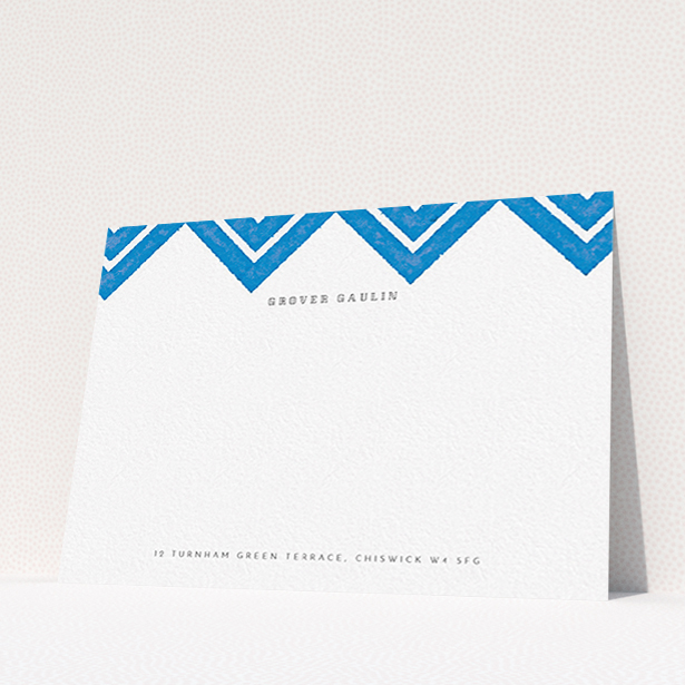 A men personalised note card design titled "Skiapthos". It is an A6 card in a landscape orientation. "Skiapthos" is available as a flat card, with tones of blue and white.