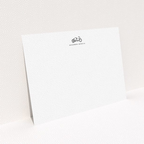 A men personalised note card design titled "Tandem for two". It is an A6 card in a landscape orientation. "Tandem for two" is available as a flat card, with tones of white and black.