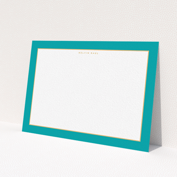A mens correspondence card named 'Blue and gold border'. It is an A6 card in a landscape orientation. 'Blue and gold border' is available as a flat card, with tones of green and white.