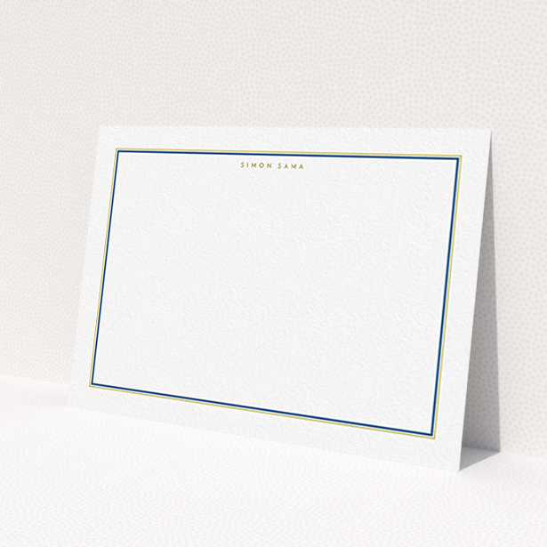 A mens correspondence card design called 'Blue and gold border'. It is an A6 card in a landscape orientation. 'Blue and gold border' is available as a flat card, with mainly white colouring.