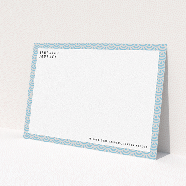 A mens correspondence card named 'Blue Fan Patterns'. It is an A6 card in a landscape orientation. 'Blue Fan Patterns' is available as a flat card, with tones of blue and grey.