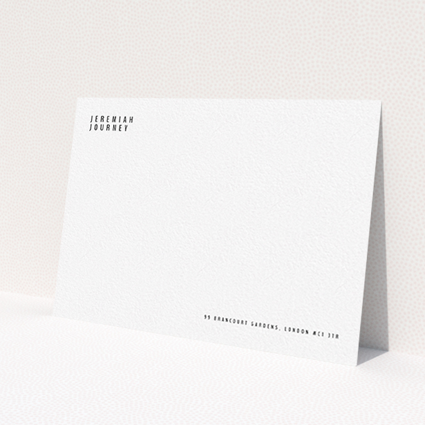 A mens correspondence card design called 'Corner to corner'. It is an A6 card in a landscape orientation. 'Corner to corner' is available as a flat card, with mainly white colouring.