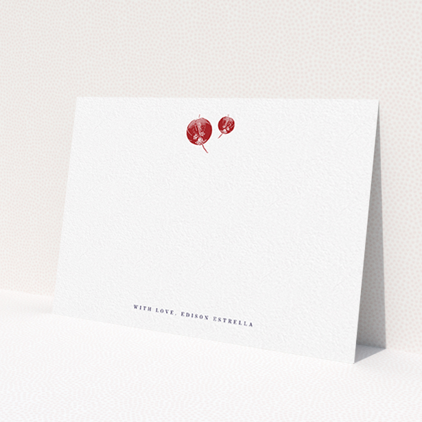 A mens correspondence card design named 'Shanghai Nights'. It is an A6 card in a landscape orientation. 'Shanghai Nights' is available as a flat card, with tones of white and red.
