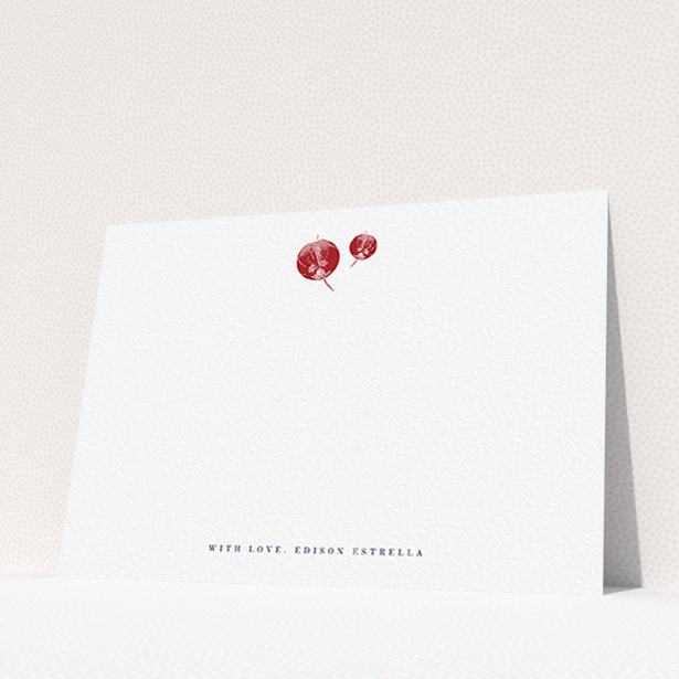A mens correspondence card design named "Shanghai Nights". It is an A6 card in a landscape orientation. "Shanghai Nights" is available as a flat card, with tones of white and red.