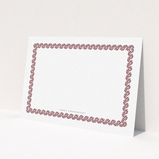 A mens correspondence card design titled 'Surrounded by the garden maroon'. It is an A6 card in a landscape orientation. 'Surrounded by the garden maroon' is available as a flat card, with tones of burgundy and white.