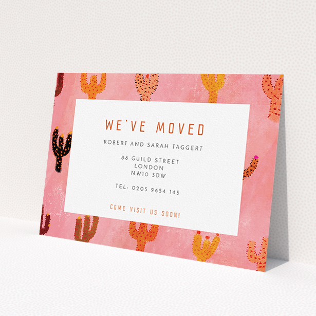 A new address card design called 'Albuquerque'. It is an A5 card in a landscape orientation. 'Albuquerque' is available as a flat card, with tones of pink and orange.