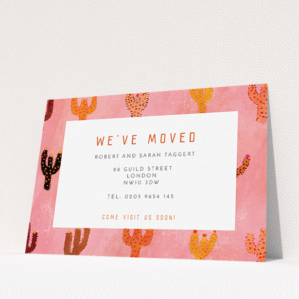 A new address card design called "Albuquerque". It is an A5 card in a landscape orientation. "Albuquerque" is available as a flat card, with tones of pink and orange.