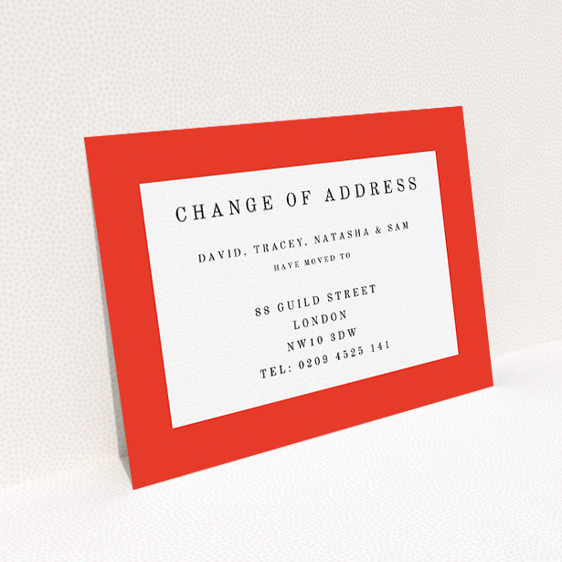 A new address card design named "Broader Border Impact". It is an A5 card in a landscape orientation. "Broader Border Impact" is available as a flat card, with tones of red and white.