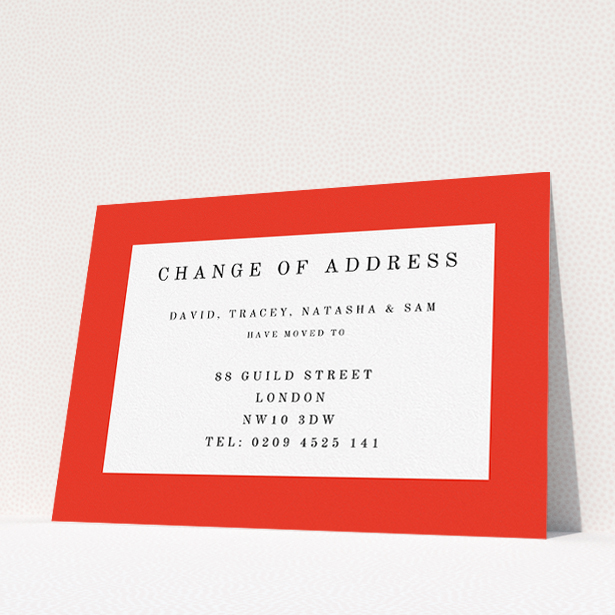 A new address card design named "Broader Border Impact". It is an A5 card in a landscape orientation. "Broader Border Impact" is available as a flat card, with tones of red and white.