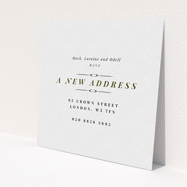 A new address card design named 'Classical'. It is a square (148mm x 148mm) card in a square orientation. 'Classical' is available as a flat card, with tones of white and gold.
