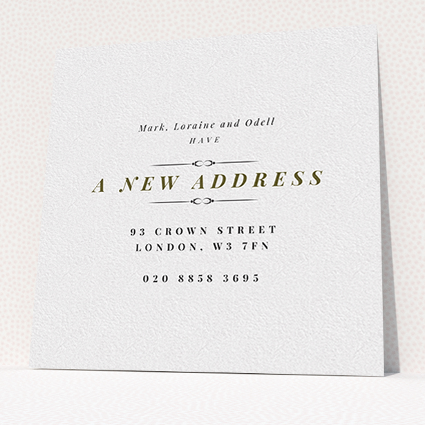 A new address card design named "Classical". It is a square (148mm x 148mm) card in a square orientation. "Classical" is available as a flat card, with tones of white and gold.