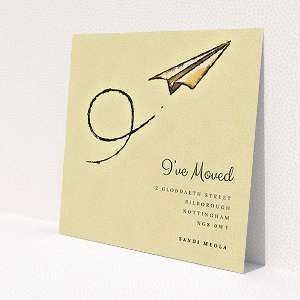 A new address card design titled 'Off & Away'. It is a square (148mm x 148mm) card in a square orientation. 'Off & Away' is available as a flat card, with mainly dark cream colouring.