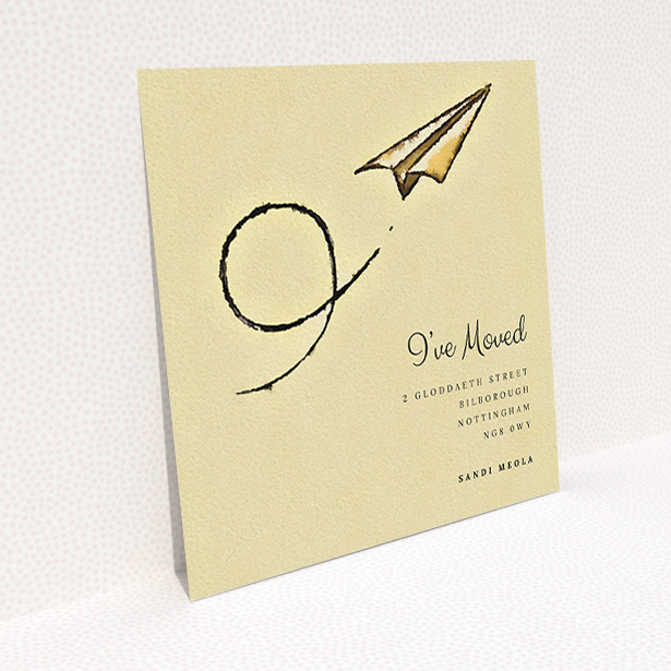 A new address card design titled "Off & Away". It is a square (148mm x 148mm) card in a square orientation. "Off & Away" is available as a flat card, with mainly dark cream colouring.