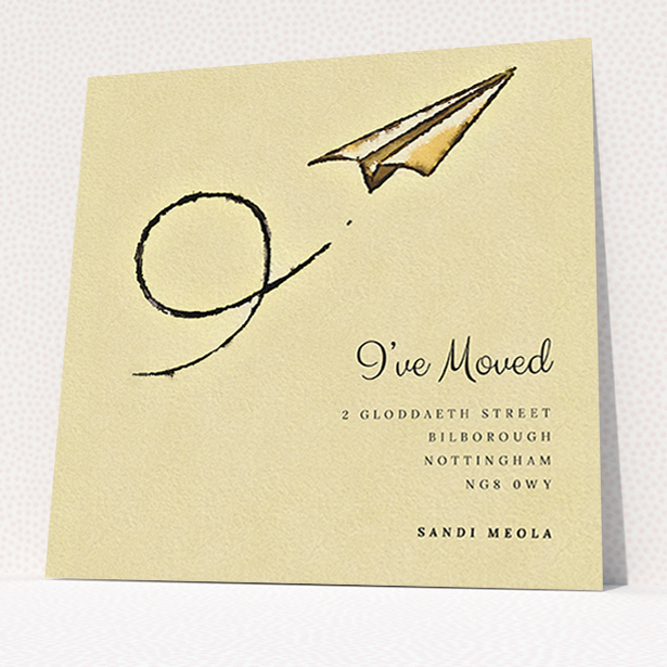 A new address card design titled "Off & Away". It is a square (148mm x 148mm) card in a square orientation. "Off & Away" is available as a flat card, with mainly dark cream colouring.