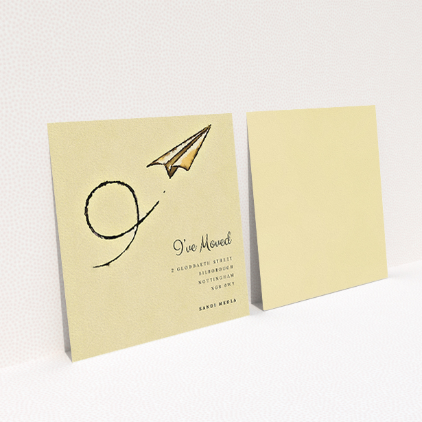 A new address card design titled "Off & Away". It is a square (148mm x 148mm) card in a square orientation. "Off & Away" is available as a flat card, with mainly dark cream colouring.