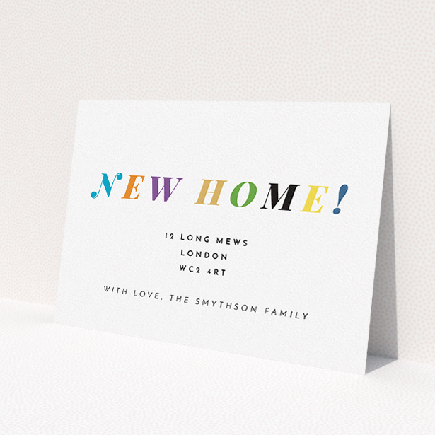 A new address card design called 'Rainbow Home'. It is an A5 card in a landscape orientation. 'Rainbow Home' is available as a flat card, with tones of white and green.