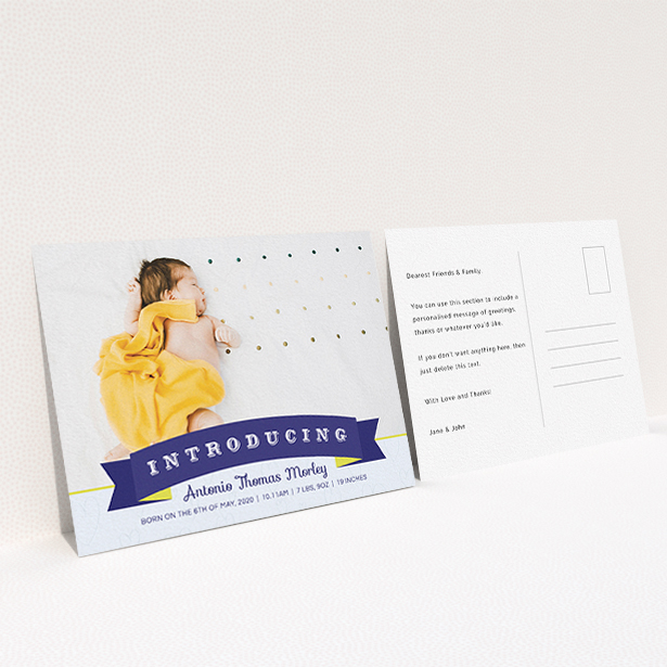A new baby announcement card named "Big Banner". It is an A6 card in a landscape orientation. It is a photographic new baby announcement card with room for 1 photo. "Big Banner" is available as a flat card, with tones of blue, light blue and yellow.