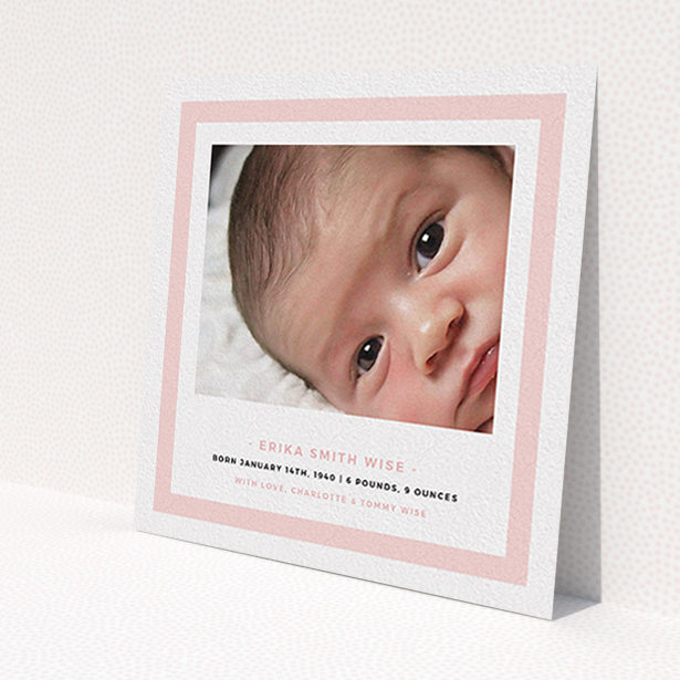 A new baby announcement card design titled 'Big Pink'. It is a square (148mm x 148mm) card in a square orientation. It is a photographic new baby announcement card with room for 1 photo. 'Big Pink' is available as a flat card, with tones of pink and white.