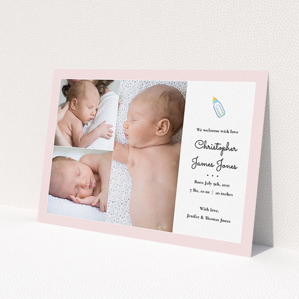 A new baby announcement card template titled 'Bottled Up'. It is an A5 card in a landscape orientation. It is a photographic new baby announcement card with room for 3 photos. 'Bottled Up' is available as a flat card, with tones of pink and white.