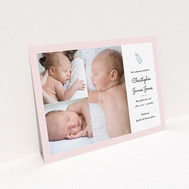A new baby announcement card template titled "Bottled Up". It is an A5 card in a landscape orientation. It is a photographic new baby announcement card with room for 3 photos. "Bottled Up" is available as a flat card, with tones of pink and white.