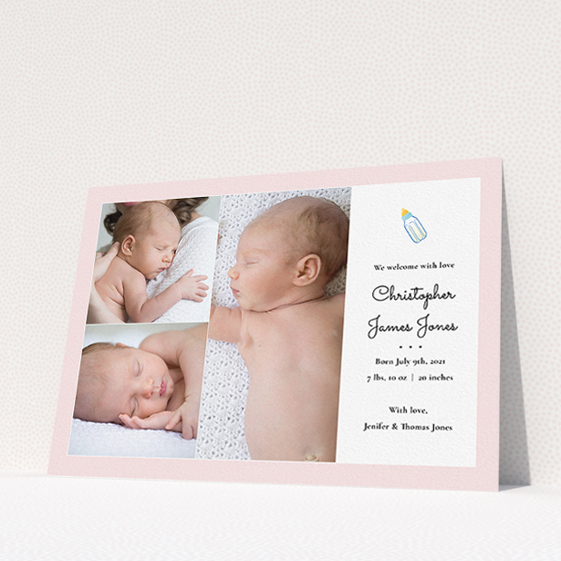 A new baby announcement card template titled "Bottled Up". It is an A5 card in a landscape orientation. It is a photographic new baby announcement card with room for 3 photos. "Bottled Up" is available as a flat card, with tones of pink and white.