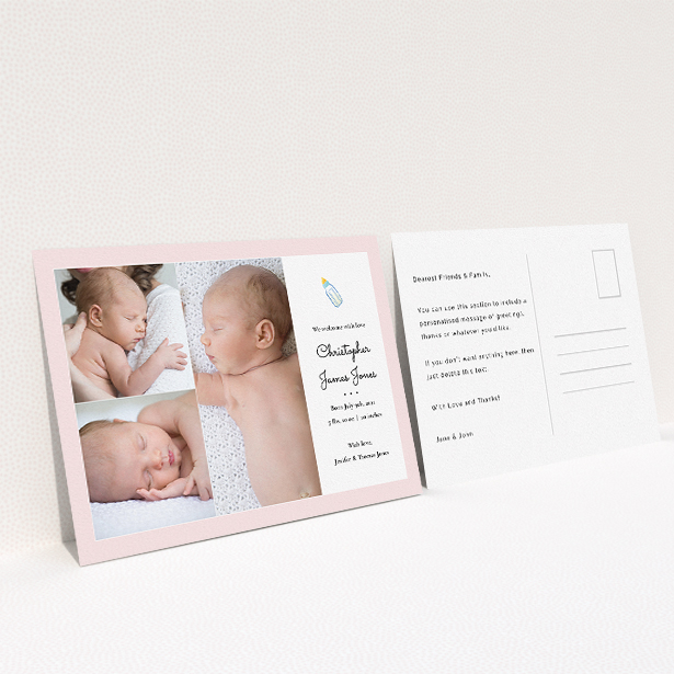 A new baby announcement card template titled "Bottled Up". It is an A5 card in a landscape orientation. It is a photographic new baby announcement card with room for 3 photos. "Bottled Up" is available as a flat card, with tones of pink and white.