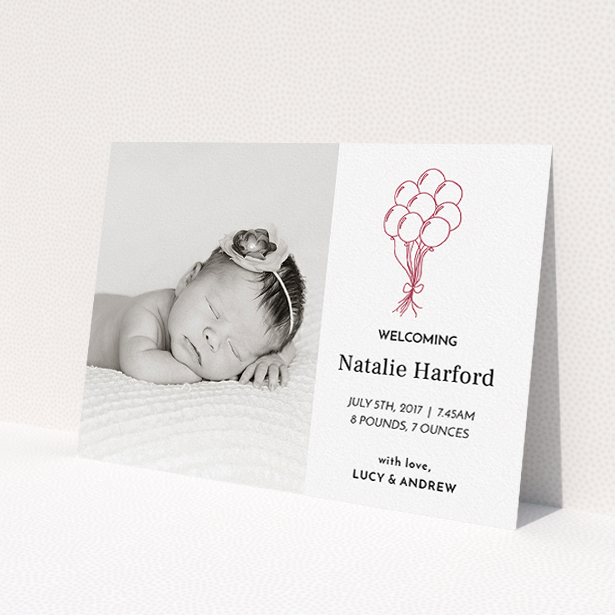 A new baby announcement card design named 'Celebration'. It is an A5 card in a landscape orientation. It is a photographic new baby announcement card with room for 1 photo. 'Celebration' is available as a flat card, with tones of white and red.