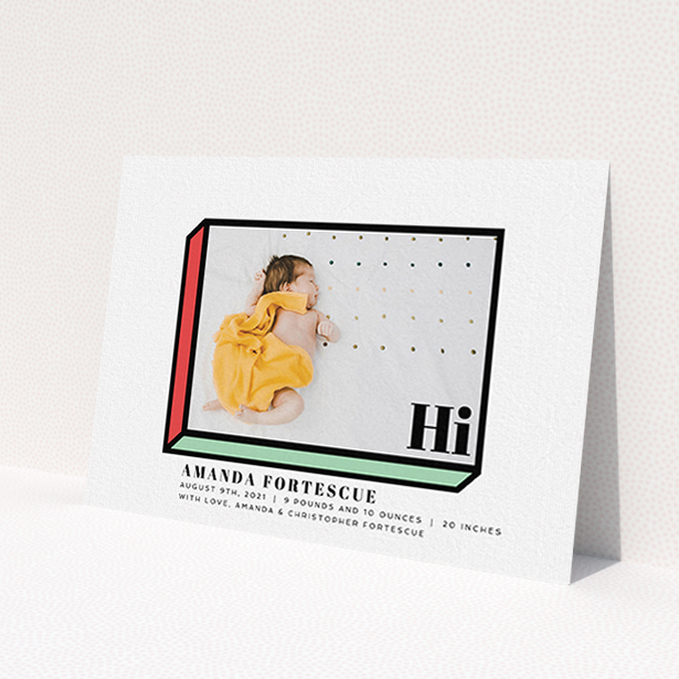 A new baby announcement card called 'Chip Off The Old Block'. It is an A6 card in a landscape orientation. It is a photographic new baby announcement card with room for 1 photo. 'Chip Off The Old Block' is available as a flat card, with tones of white, green and red.