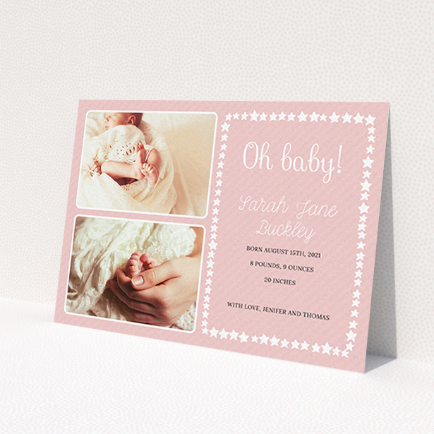 A new baby announcement card design named 'Oh Baby!'. It is an A6 card in a landscape orientation. It is a photographic new baby announcement card with room for 2 photos. 'Oh Baby!' is available as a flat card, with tones of pink and white.