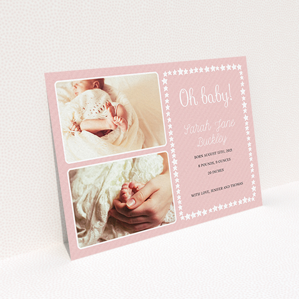 A new baby announcement card design named "Oh Baby!". It is an A6 card in a landscape orientation. It is a photographic new baby announcement card with room for 2 photos. "Oh Baby!" is available as a flat card, with tones of pink and white.