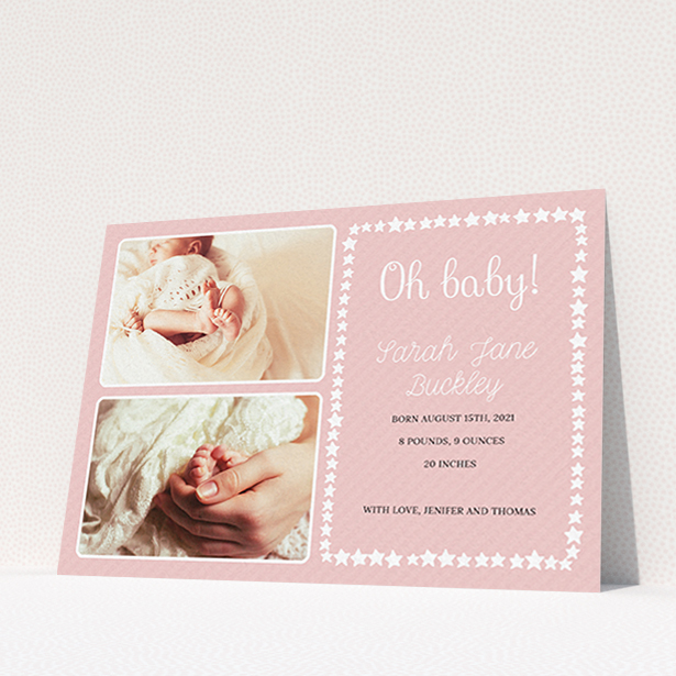 A new baby announcement card design named "Oh Baby!". It is an A6 card in a landscape orientation. It is a photographic new baby announcement card with room for 2 photos. "Oh Baby!" is available as a flat card, with tones of pink and white.