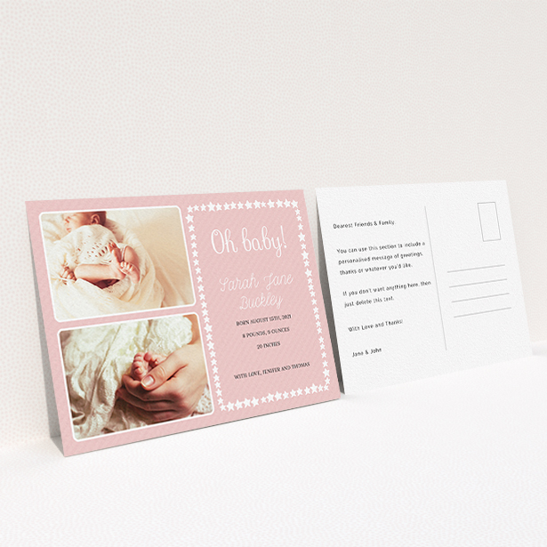 A new baby announcement card design named "Oh Baby!". It is an A6 card in a landscape orientation. It is a photographic new baby announcement card with room for 2 photos. "Oh Baby!" is available as a flat card, with tones of pink and white.