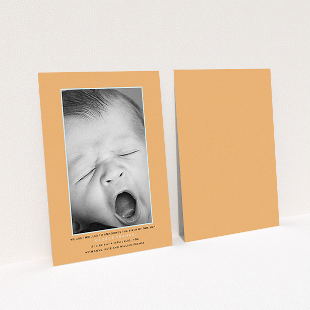 A new baby announcement card design titled "Orange and Mint". It is an A6 card in a portrait orientation. It is a photographic new baby announcement card with room for 1 photo. "Orange and Mint" is available as a flat card, with tones of orange and blue.