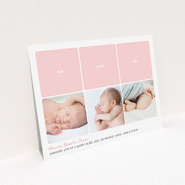 A new baby announcement card design titled "Our Little One". It is an A6 card in a landscape orientation. It is a photographic new baby announcement card with room for 3 photos. "Our Little One" is available as a flat card, with tones of pink and white.