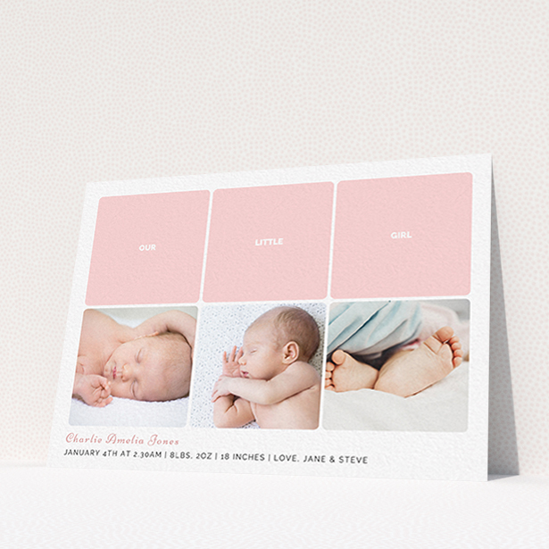 A new baby announcement card design titled "Our Little One". It is an A6 card in a landscape orientation. It is a photographic new baby announcement card with room for 3 photos. "Our Little One" is available as a flat card, with tones of pink and white.