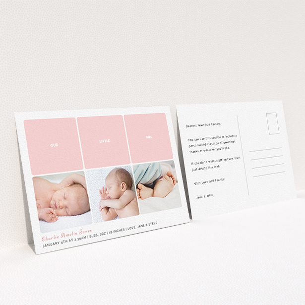 A new baby announcement card design titled "Our Little One". It is an A6 card in a landscape orientation. It is a photographic new baby announcement card with room for 3 photos. "Our Little One" is available as a flat card, with tones of pink and white.