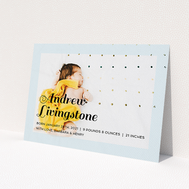 A new baby announcement card design called 'Pastel Diagonals'. It is an A5 card in a landscape orientation. It is a photographic new baby announcement card with room for 1 photo. 'Pastel Diagonals' is available as a flat card, with mainly blue colouring.