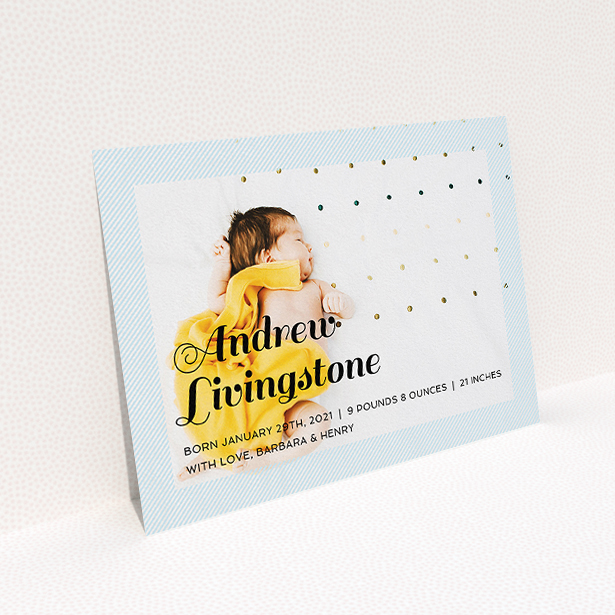 A new baby announcement card design called "Pastel Diagonals". It is an A5 card in a landscape orientation. It is a photographic new baby announcement card with room for 1 photo. "Pastel Diagonals" is available as a flat card, with mainly blue colouring.