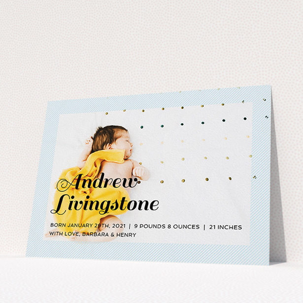 A new baby announcement card design called "Pastel Diagonals". It is an A5 card in a landscape orientation. It is a photographic new baby announcement card with room for 1 photo. "Pastel Diagonals" is available as a flat card, with mainly blue colouring.
