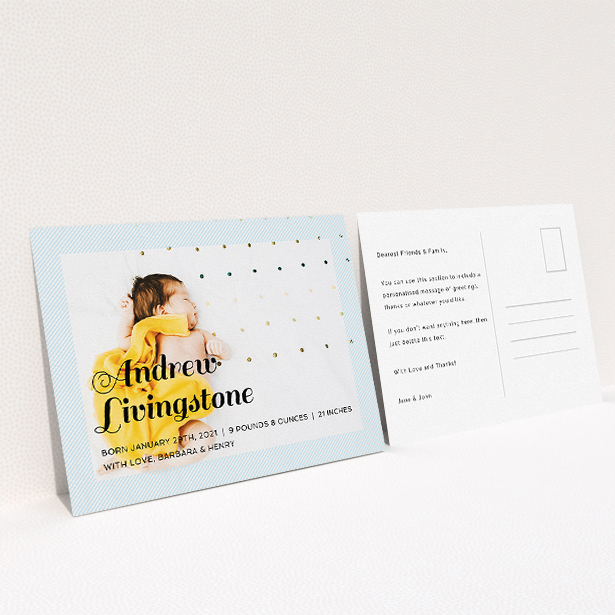 A new baby announcement card design called "Pastel Diagonals". It is an A5 card in a landscape orientation. It is a photographic new baby announcement card with room for 1 photo. "Pastel Diagonals" is available as a flat card, with mainly blue colouring.