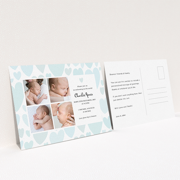 A new baby announcement card design named "Pastel Hearts". It is an A6 card in a landscape orientation. It is a photographic new baby announcement card with room for 4 photos. "Pastel Hearts" is available as a flat card, with tones of blue and white.