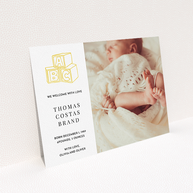 A new baby announcement card template titled "Playtime". It is an A5 card in a landscape orientation. It is a photographic new baby announcement card with room for 1 photo. "Playtime" is available as a flat card, with tones of white and yellow.
