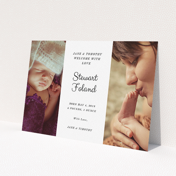A new baby announcement card named 'Sandwich Frame'. It is an A5 card in a landscape orientation. It is a photographic new baby announcement card with room for 2 photos. 'Sandwich Frame' is available as a flat card, with mainly white colouring.