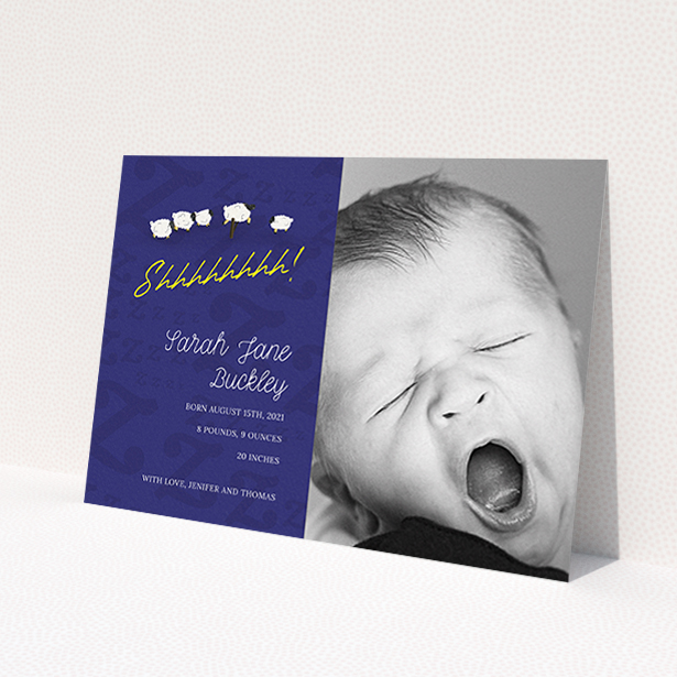 A new baby announcement card design called 'Sleepy Time'. It is an A6 card in a landscape orientation. It is a photographic new baby announcement card with room for 1 photo. 'Sleepy Time' is available as a flat card, with tones of navy blue and white.