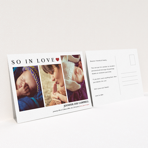 A new baby announcement card design titled "So In Love". It is an A6 card in a landscape orientation. It is a photographic new baby announcement card with room for 3 photos. "So In Love" is available as a flat card, with tones of white and red.
