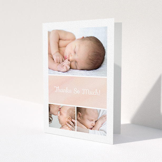 A new baby thank you card design named 'Block Tower'. It is an A6 card in a portrait orientation. It is a photographic new baby thank you card with room for 3 photos. 'Block Tower' is available as a folded card, with tones of pink and white.