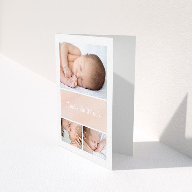 A new baby thank you card design named "Block Tower". It is an A6 card in a portrait orientation. It is a photographic new baby thank you card with room for 3 photos. "Block Tower" is available as a folded card, with tones of pink and white.
